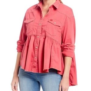 We The Free Coral Button-Down Peplum Shirt